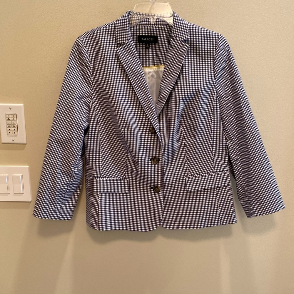 Talbots Blue White Gingham Cotton Stretch 3/4 Sleeve Blazer Jacket Size 12